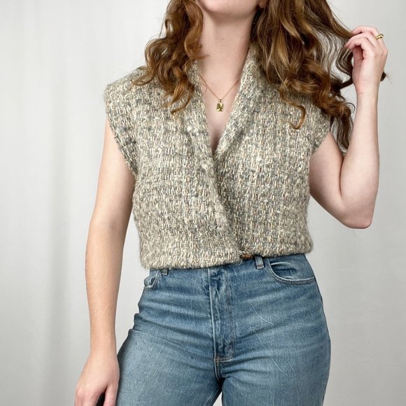 Vintage Hand Woven Wool Tweed Parisian Knit Sweater Vest Cardigan Nordic Rustic - Picture 7 of 8